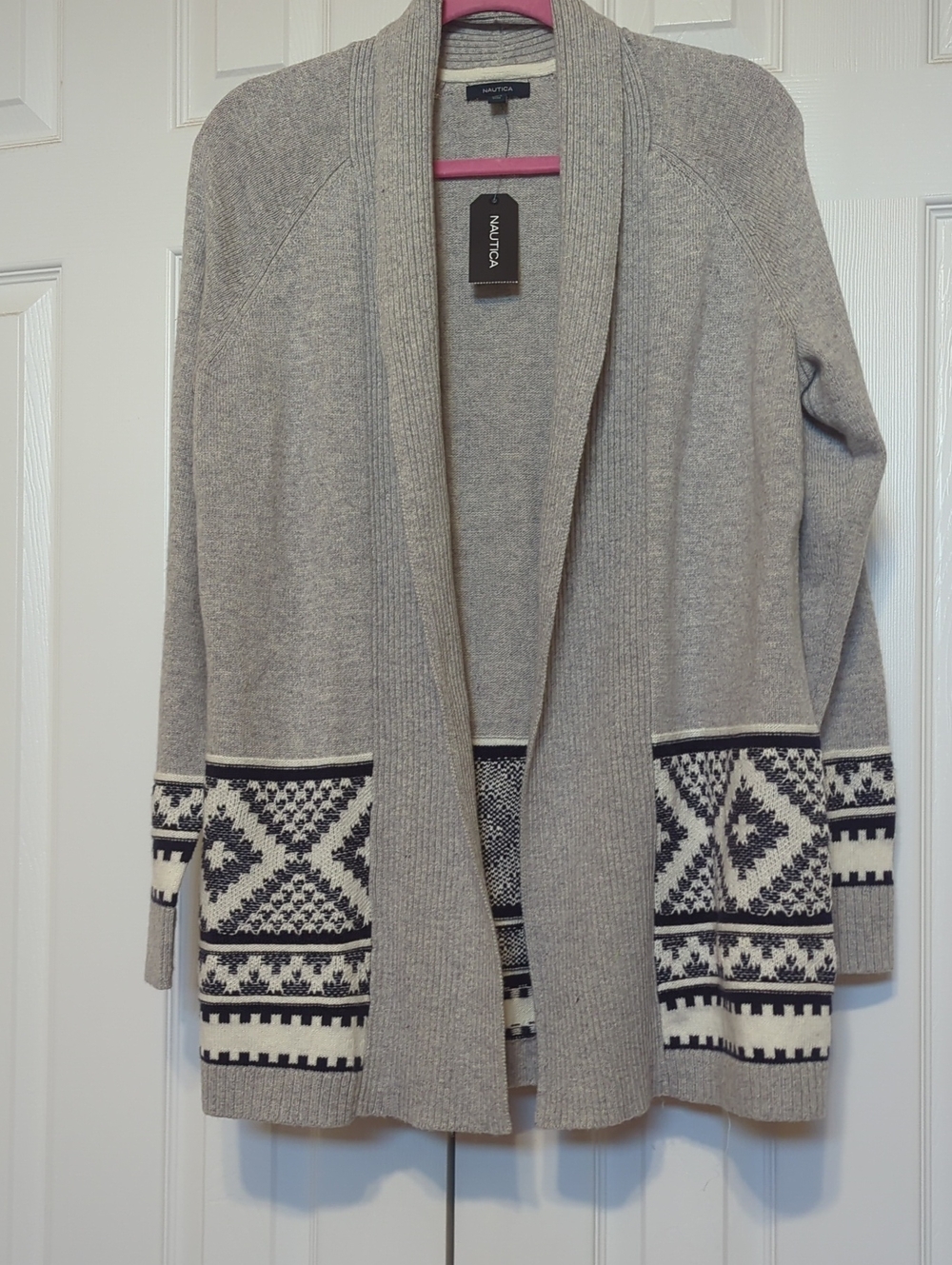 Nautica Light Gray Open-Front Cardigan with Black & Cream Fair Isle Trim